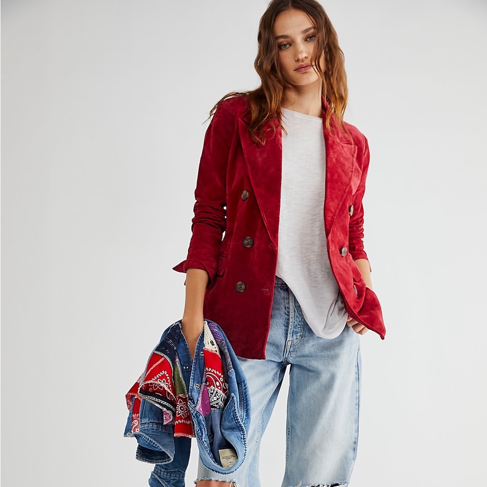 BlankNYC x Free People Suede Leather Shawl Collar Blazer Brown Red M NWT